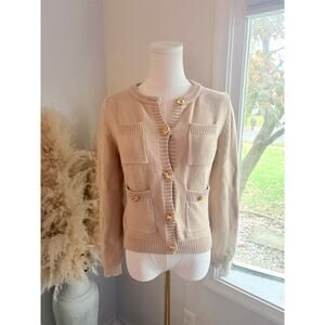 Zara Cardigan Sweater Size Small Tan Patch Pocket Luxury Gold Button Up